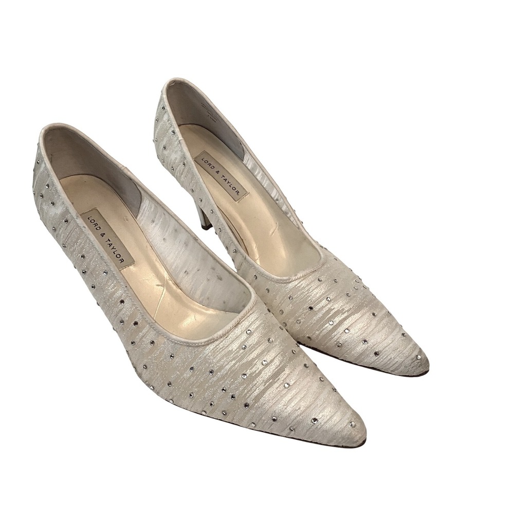 Y2k Lord & Taylor Ivory Rhinestone Pleated Pointed Toe Kitten Heel Pumps 7.5M